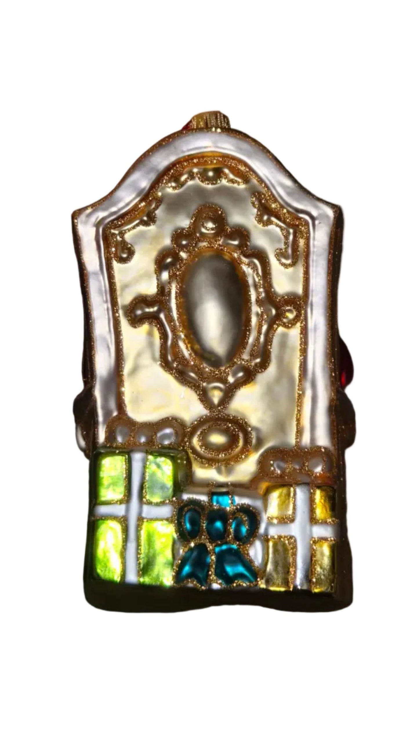 Decorative European handmade glass Christmas ornament of a Santa sitting on a golden throne