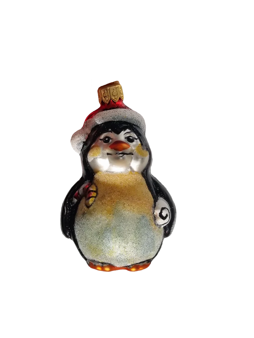 European Glass Christmas ornament of a Penguin with Hat & Candy Cane (K)