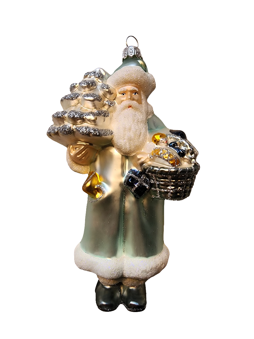 European Glass Christmas ornament of a Santa Pale Blue with Tree and Basket (W)