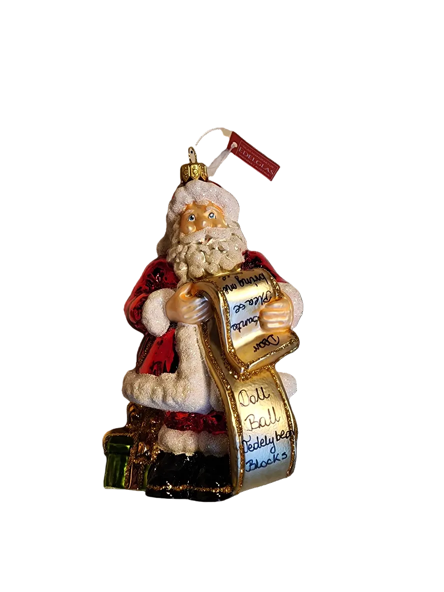 European Glass Christmas ornament of a Santa | Seated with List (W)