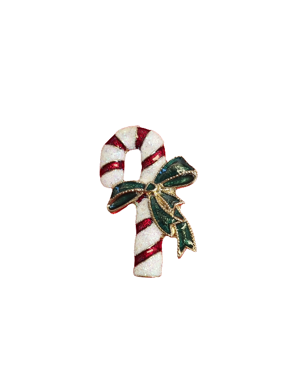 European Glass Christmas ornament of a Single Candy Cane with Green Bow | Brooch V