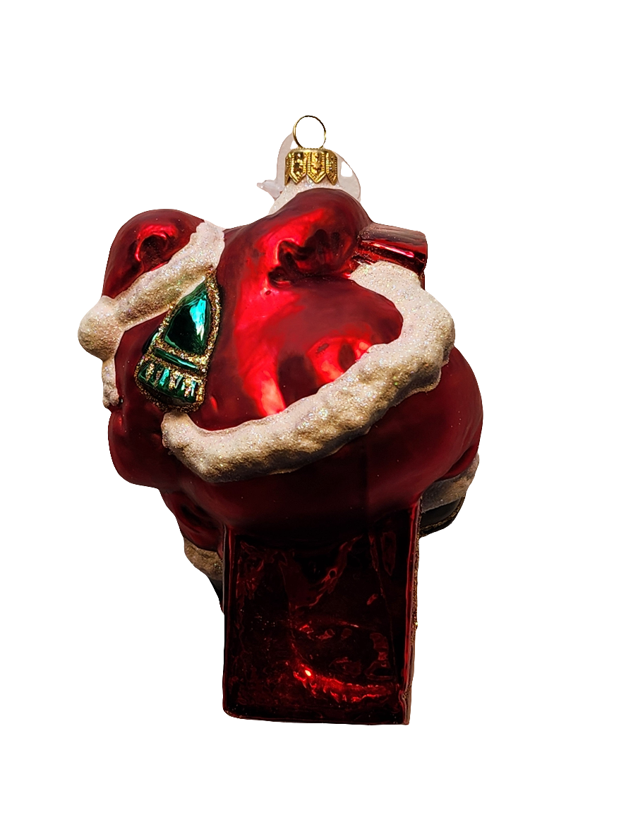 European Glass Christmas ornament of a Santa Climbing Phonebooth (W)