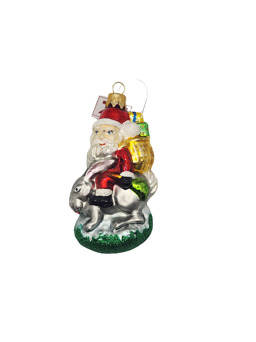 European Glass Christmas ornament of a Santa on rabbit with presents (N)