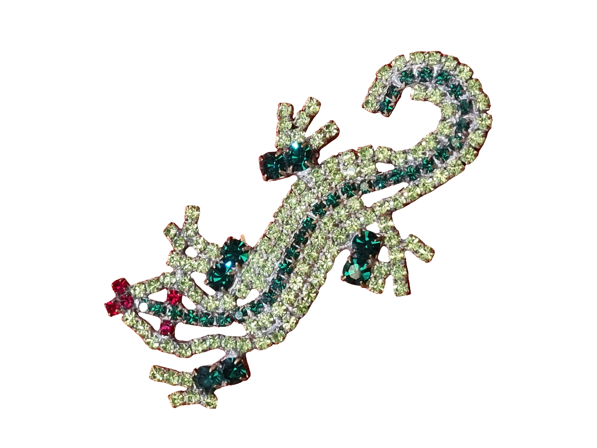 European Glass Christmas ornament of a Lizard with Green Crystals | Brooch V