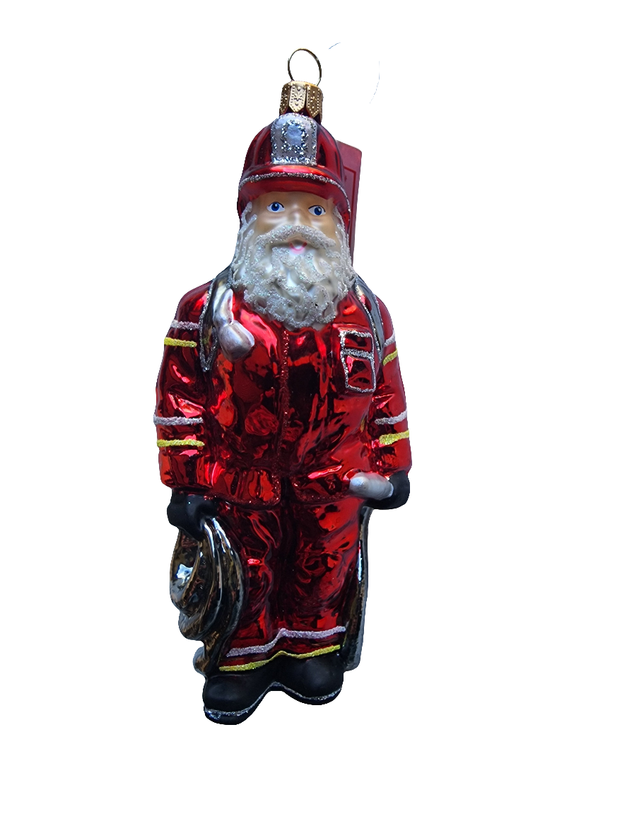 European Glass Christmas ornament of a Santa Firefighter (W)