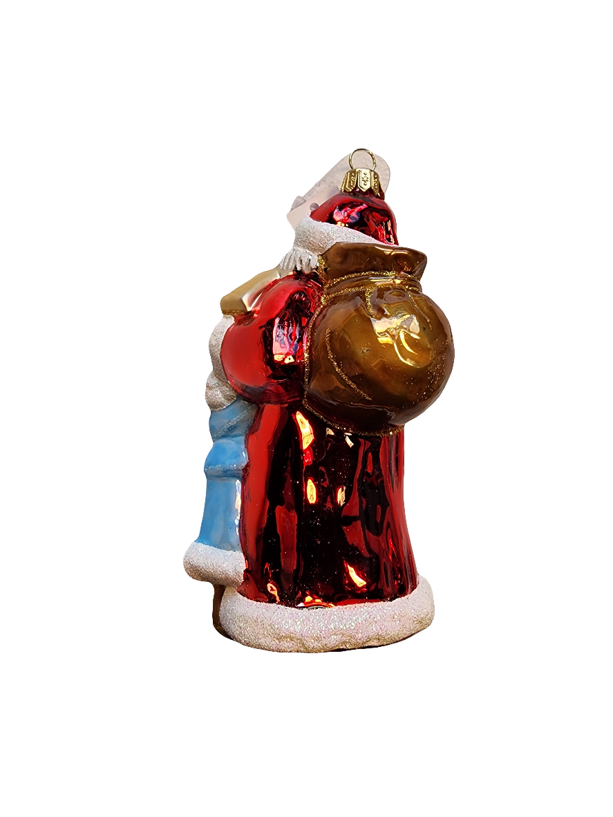European Glass Christmas ornament of a Santa with Little Girl Blue Jacket (W)