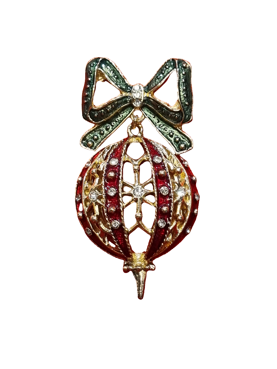 European Glass Christmas ornament of a Large Dangle Bauble with Green Bow | Brooch V