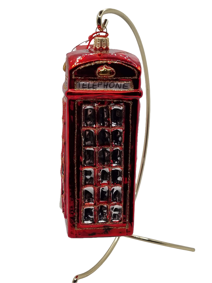 European Glass Christmas ornament of a Santa London phone booth (W)