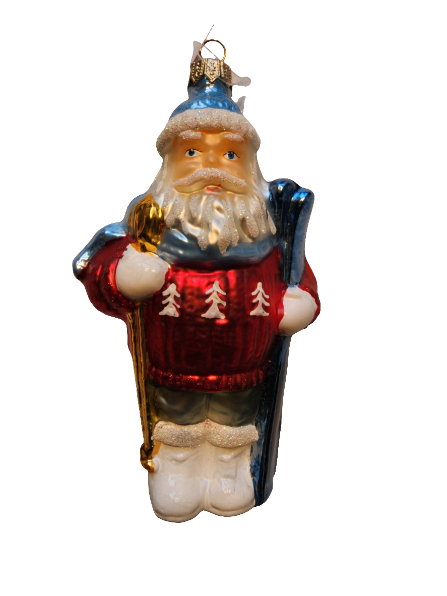 European Glass Christmas ornament of a Santa Skiing (W)