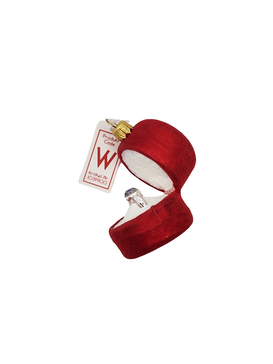 European Glass Christmas ornament of a Ring box + ring (W)