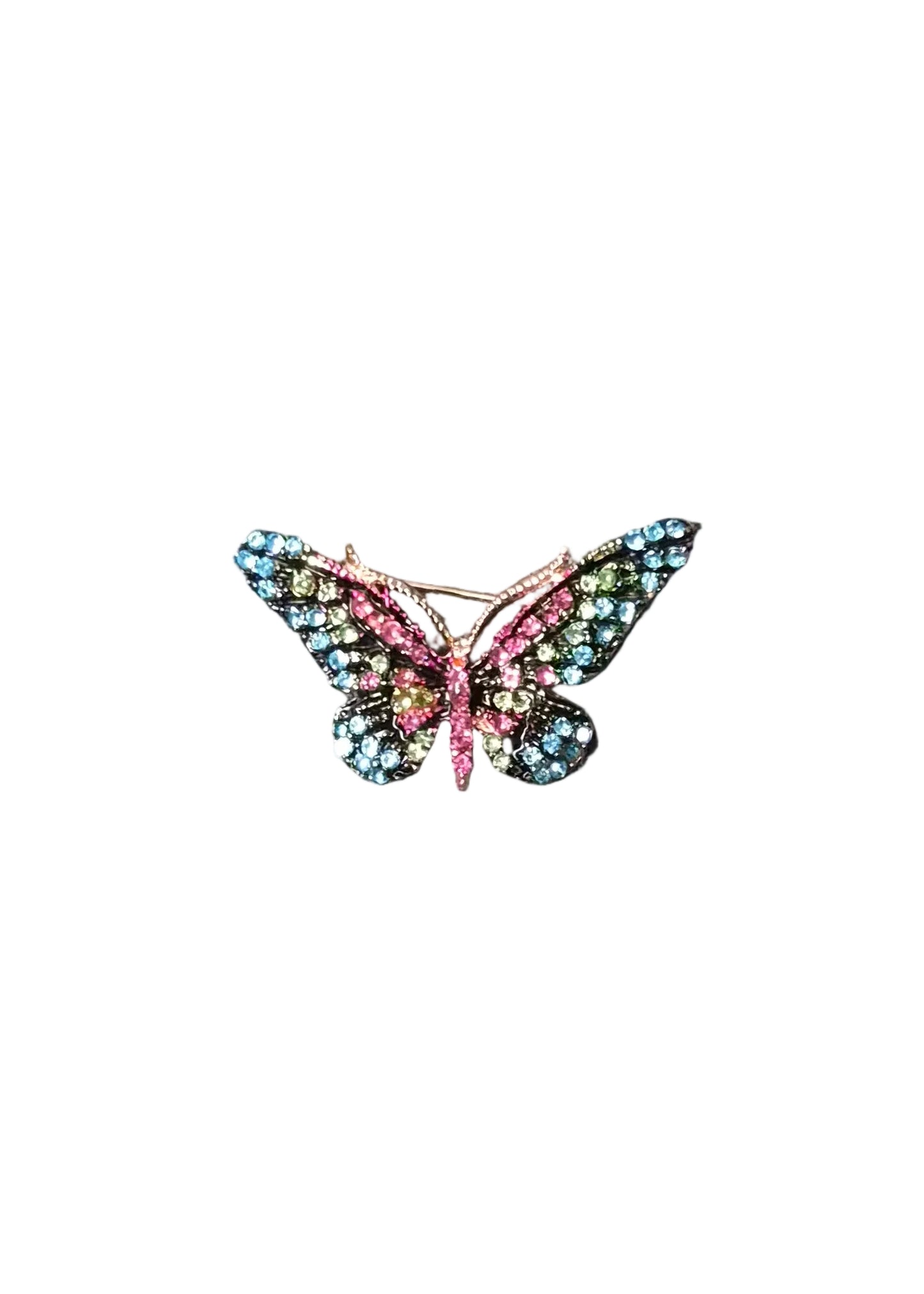 A small butterfly-shaped brooch made of multicolored crystals