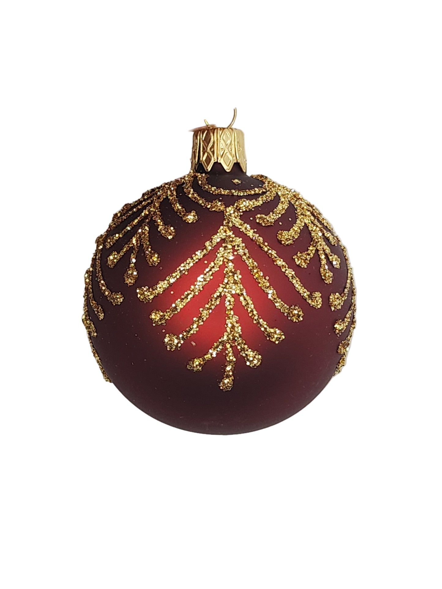 Red Christmas ornament with gold decorations on a white background