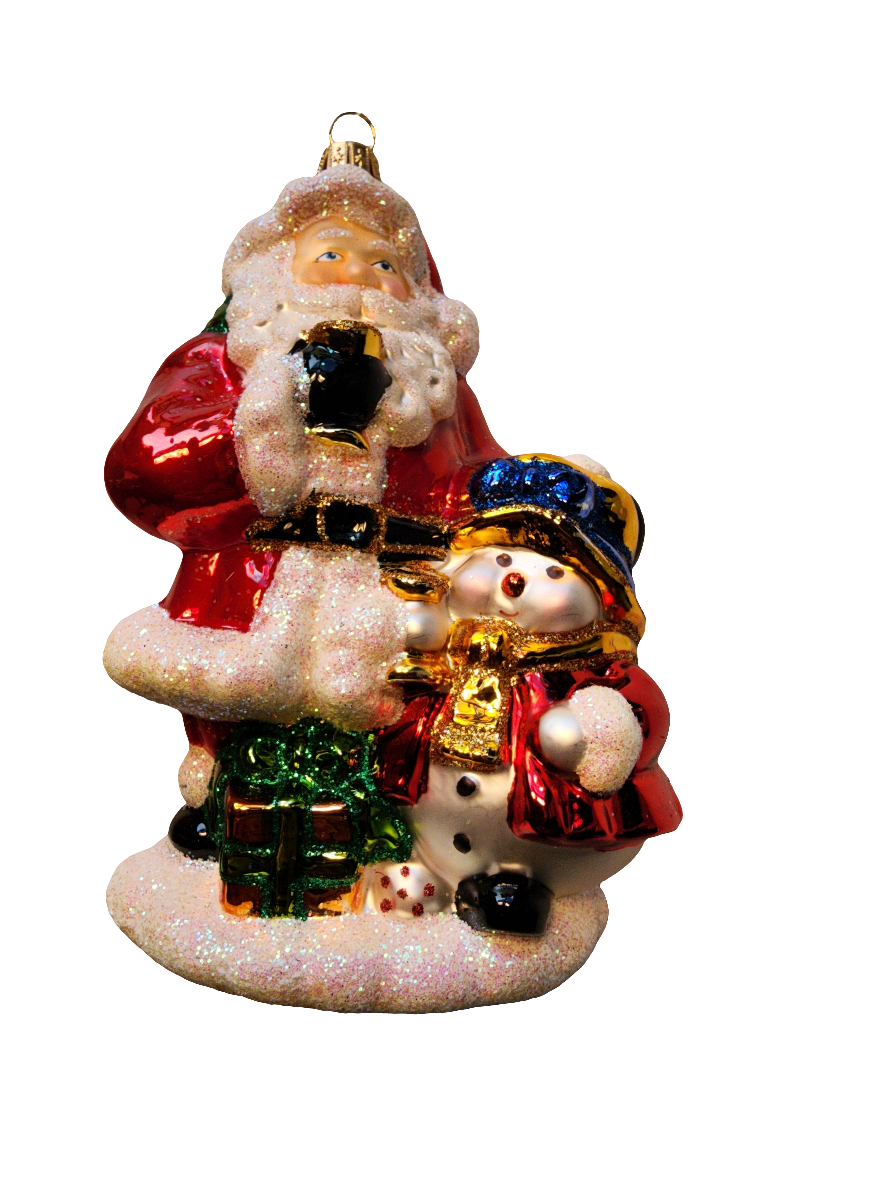European Glass Christmas ornament of a Santa | with Goblet and Snowman (X)
