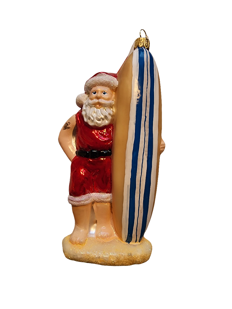 European Glass Christmas ornament of a Santa | with Surfboard (X)
