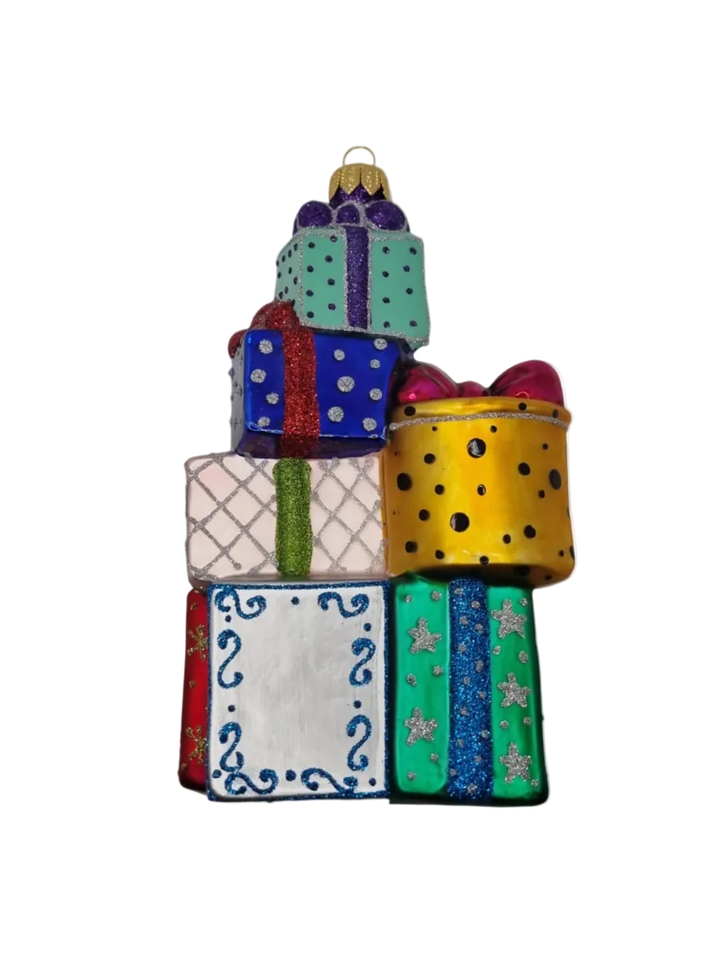 European Glass Christmas ornament of a pile of colourful presents