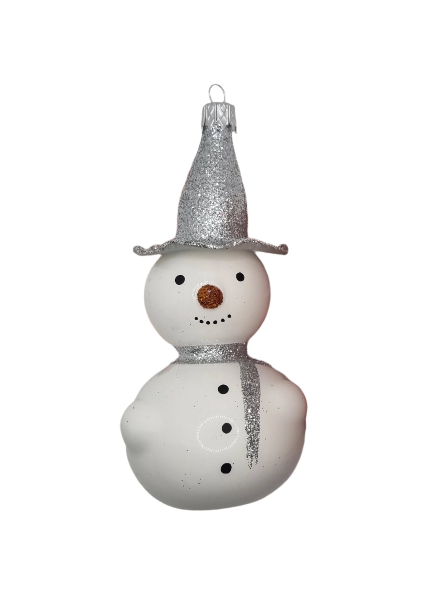 European Glass Christmas ornament of a Snowman with Pointy Carrot Nose & Top Hat (J)