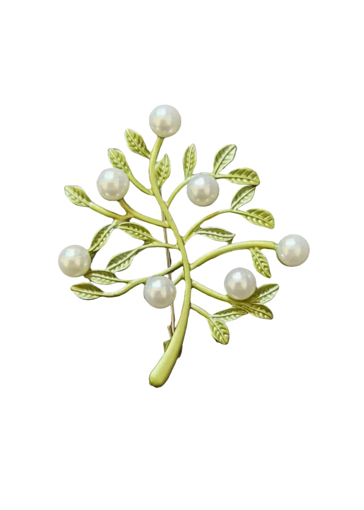 A gold-toned branch brooch decorated with five white faux-pearl beads and textured green leaves.