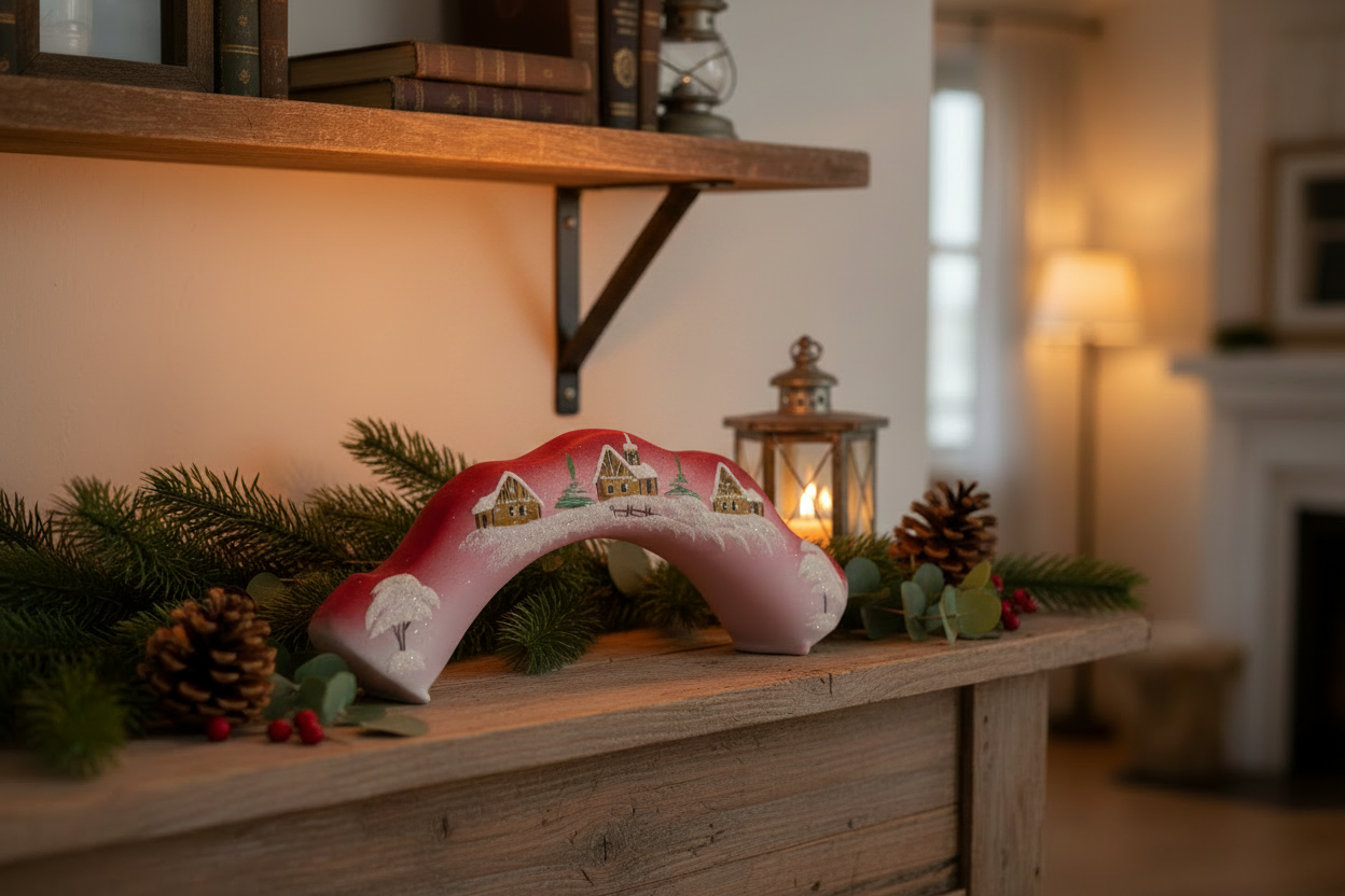 Decorative arch candle holder with winter patterns on a wooden shelf with greenery and a lantern.