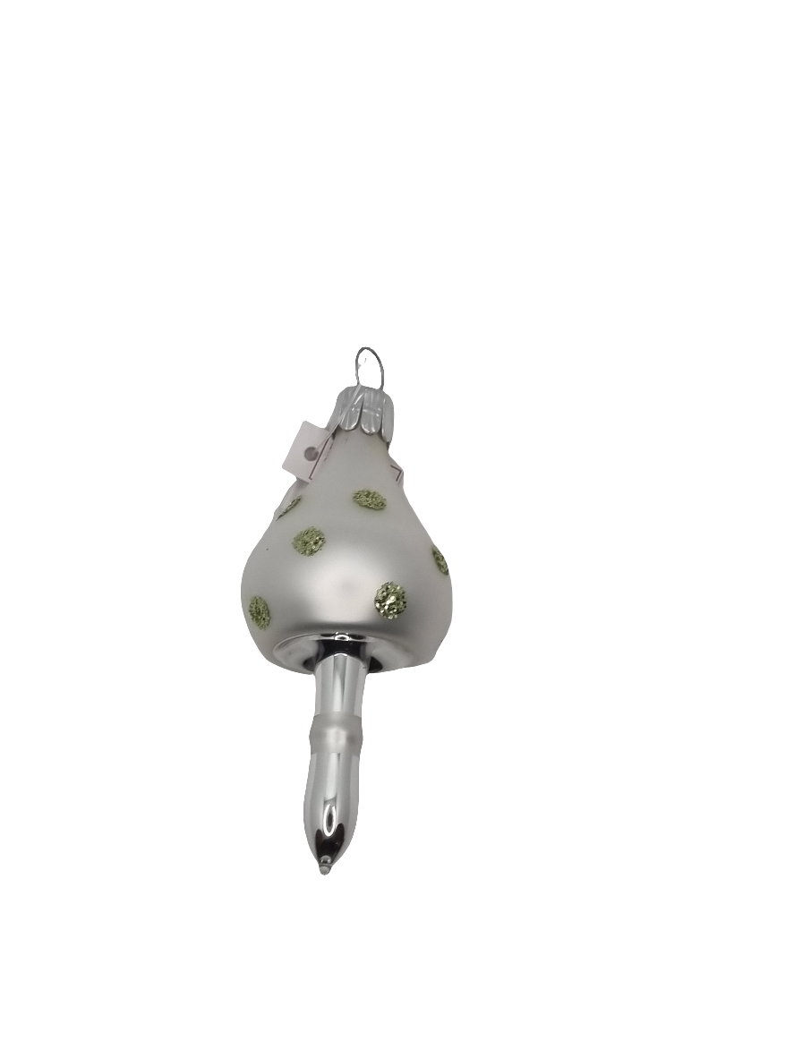 European Glass Christmas ornament of a Mushroom Green Dots Sparkle (C)