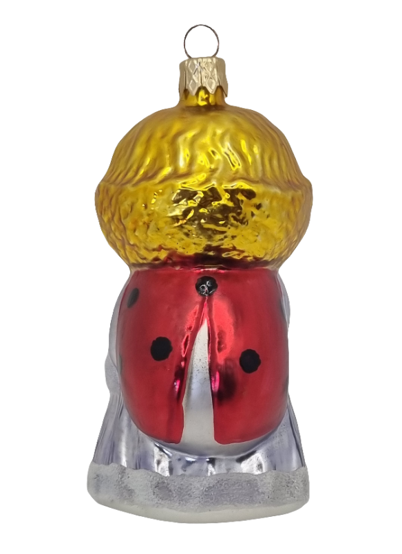 European Glass Christmas ornament of a Child with Ladybird/Ladybug Backpack (G)