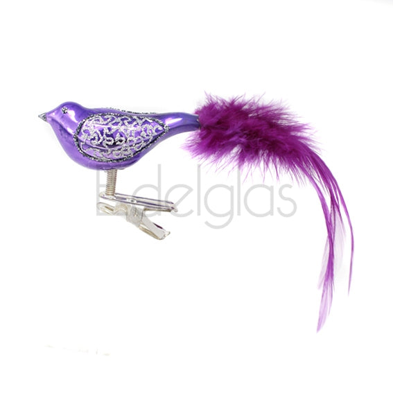 European Glass Christmas ornament of a Birds on Clip (E) | Small Feather Tail