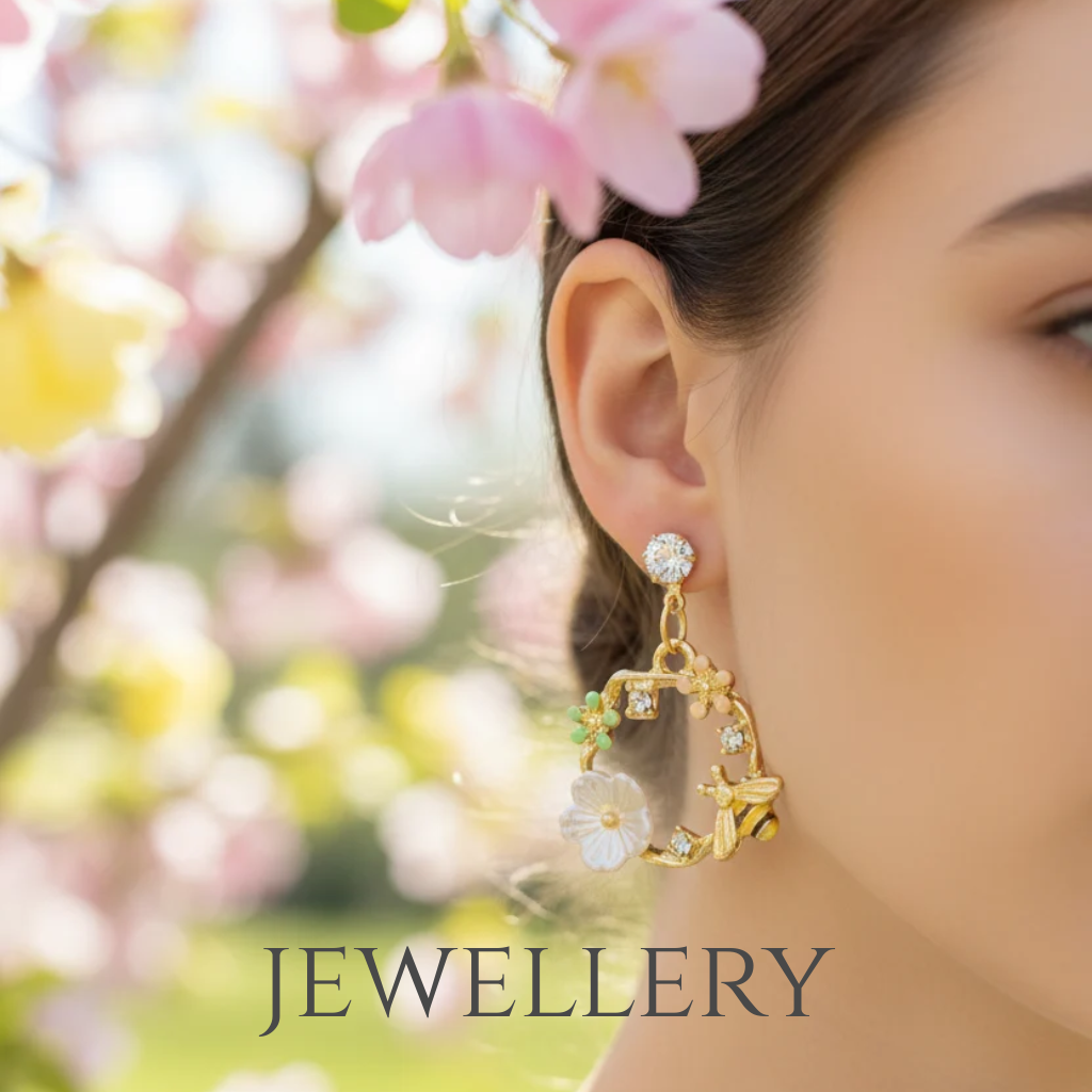 A close-up of a woman's ear wearing a gold hoop earring decorated with a white flower, a small green leaf, and a star charm, set against a soft-focus background of pink blossoms. The word 'JEWELLERY' is printed at the bottom.