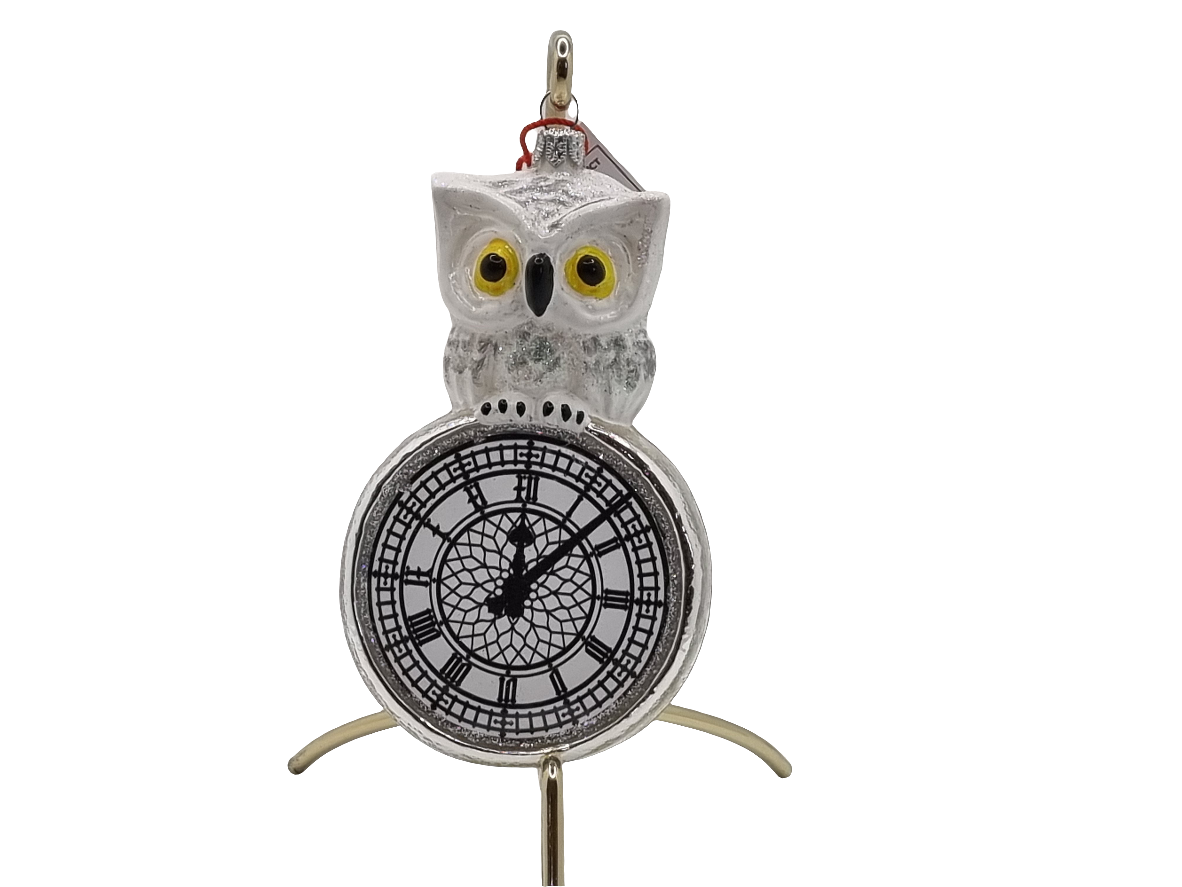 European Glass Christmas ornament of a Owl on clock