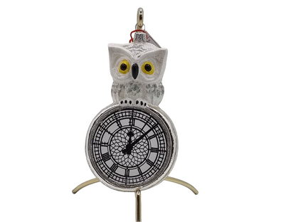 European Glass Christmas ornament of a Owl on clock