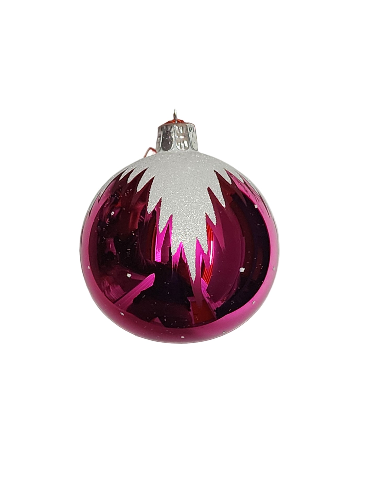 Pink and silver ornament against a white background
