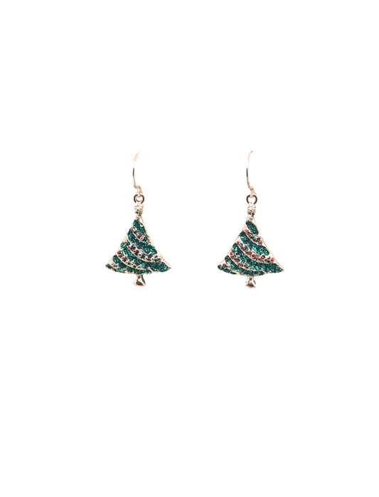 European Glass Christmas ornament of a Small Sparkle Green Tree Red Tinsel | Earrings