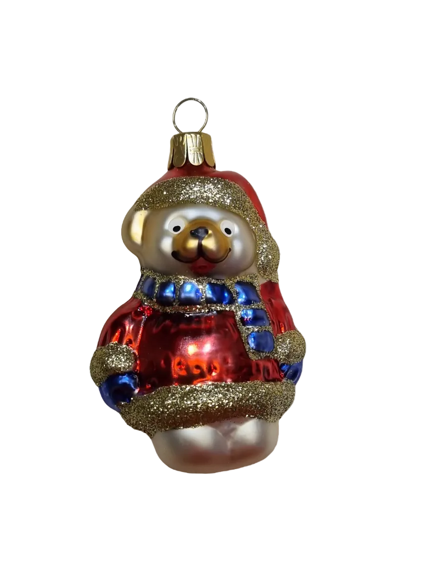 European Glass Christmas ornament of a Bear | Teddy Bear in Sparkly Jacket, Hat & Scarf (H)
