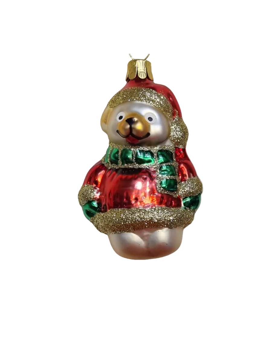 European Glass Christmas ornament of a Bear | Teddy Bear in Sparkly Jacket, Hat & Scarf (H)