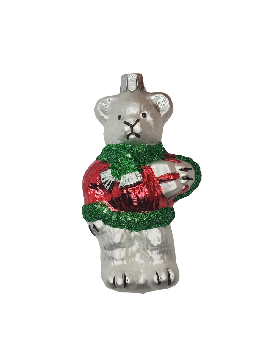 European Glass Christmas ornament of a Bear | Teddy Bear Red Jacket (P)
