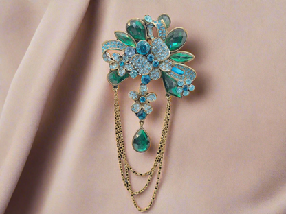 Blue & Green Crystal Flower with Gold Chain | Brooch VII
