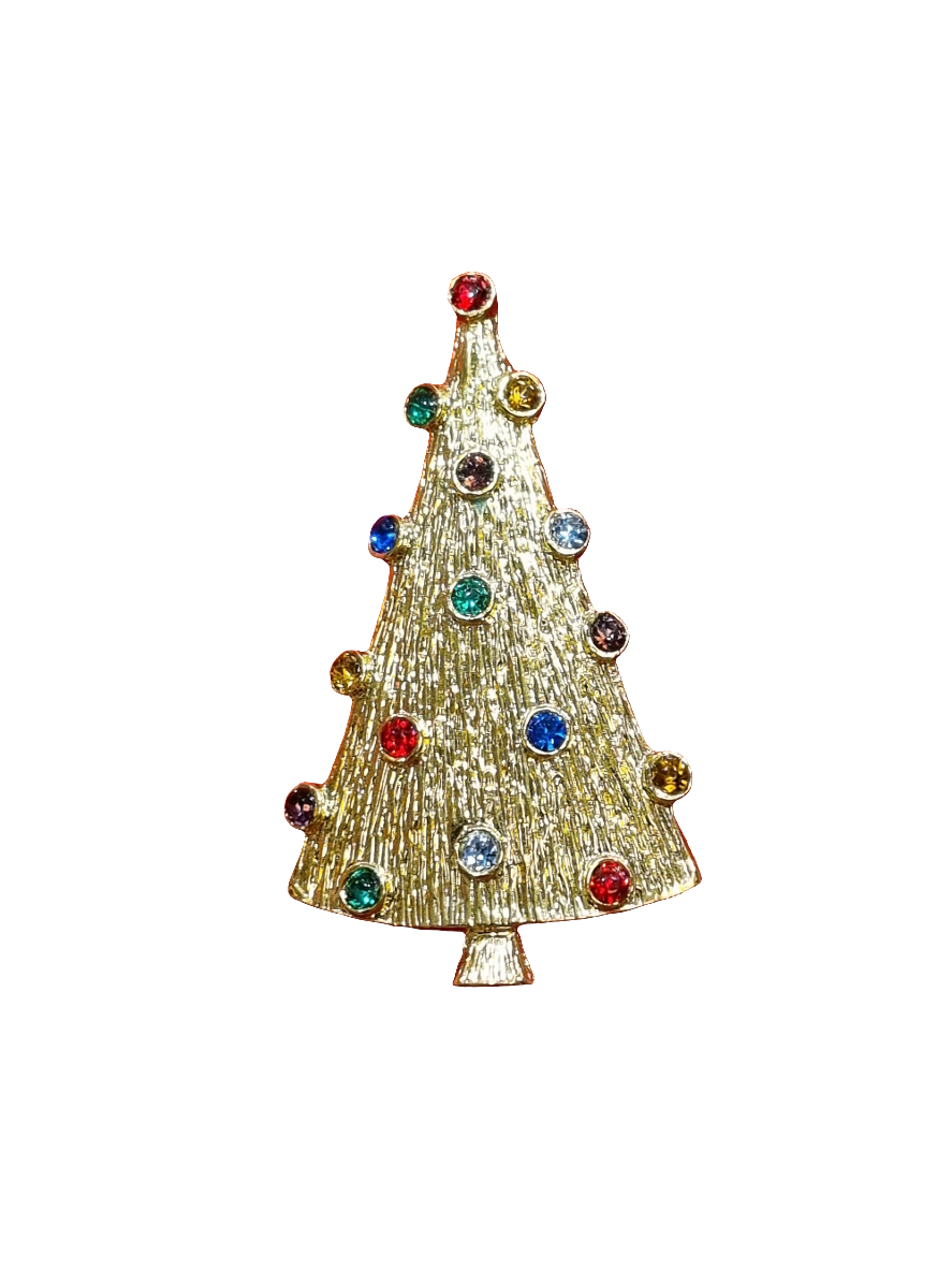 European Glass Christmas ornament of a Solid Narrow Christmas Tree with Colourful Crystal Baubles 5cm | Brooch V