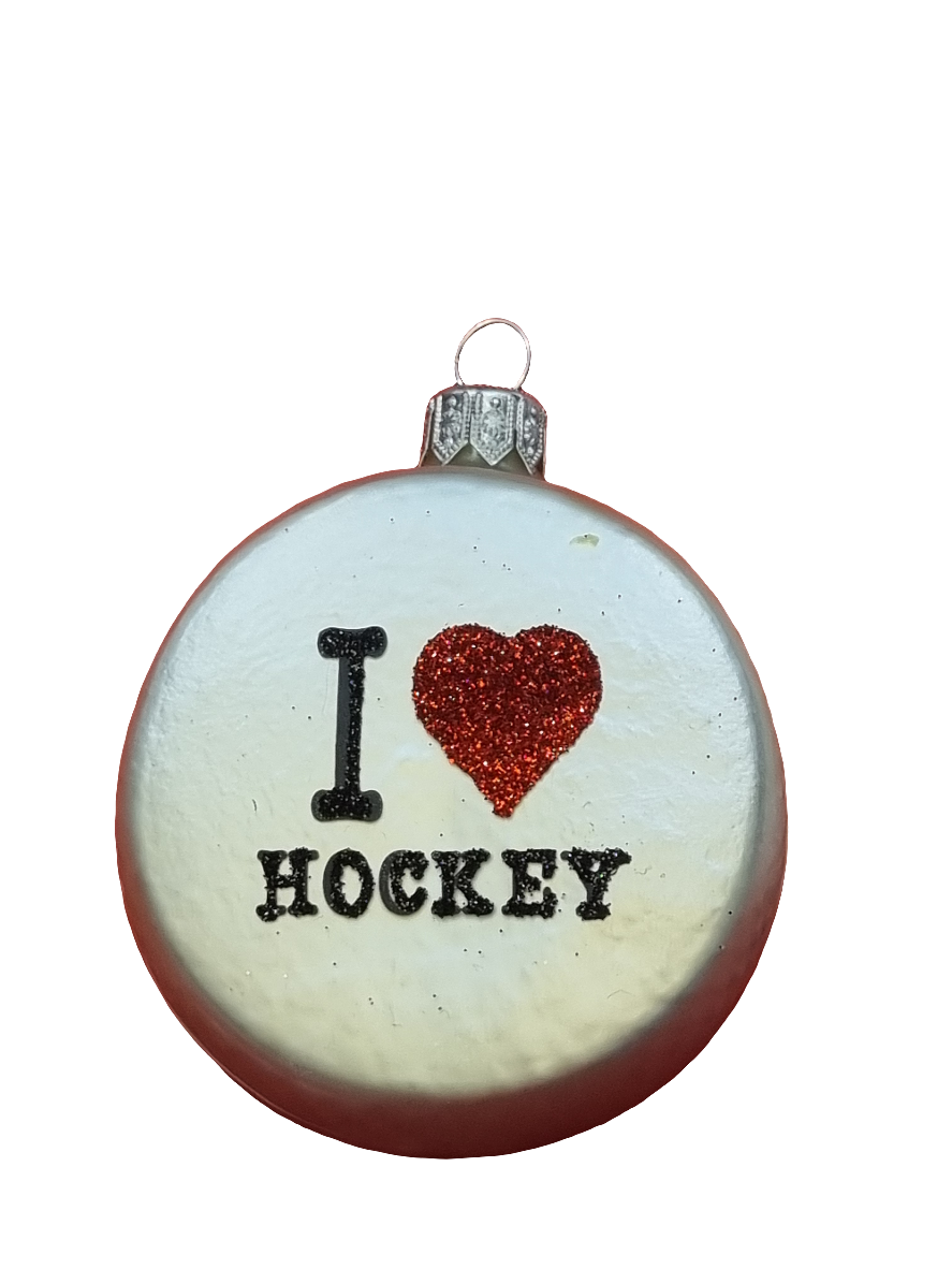 European Glass Christmas ornament of a I Love Hockey Puck (N)