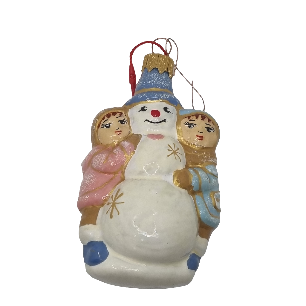 European Glass Christmas ornament of a Snowman with Children (N)
