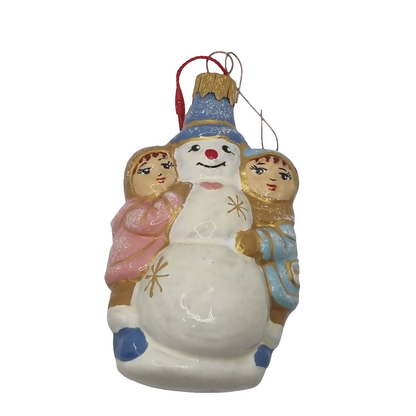 European Glass Christmas ornament of a Snowman with Children (N)