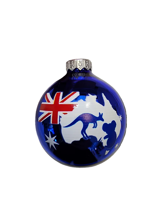 European Glass Christmas ornament of a Bauble | Australia Flag with Kangaroo & Koala (F)
