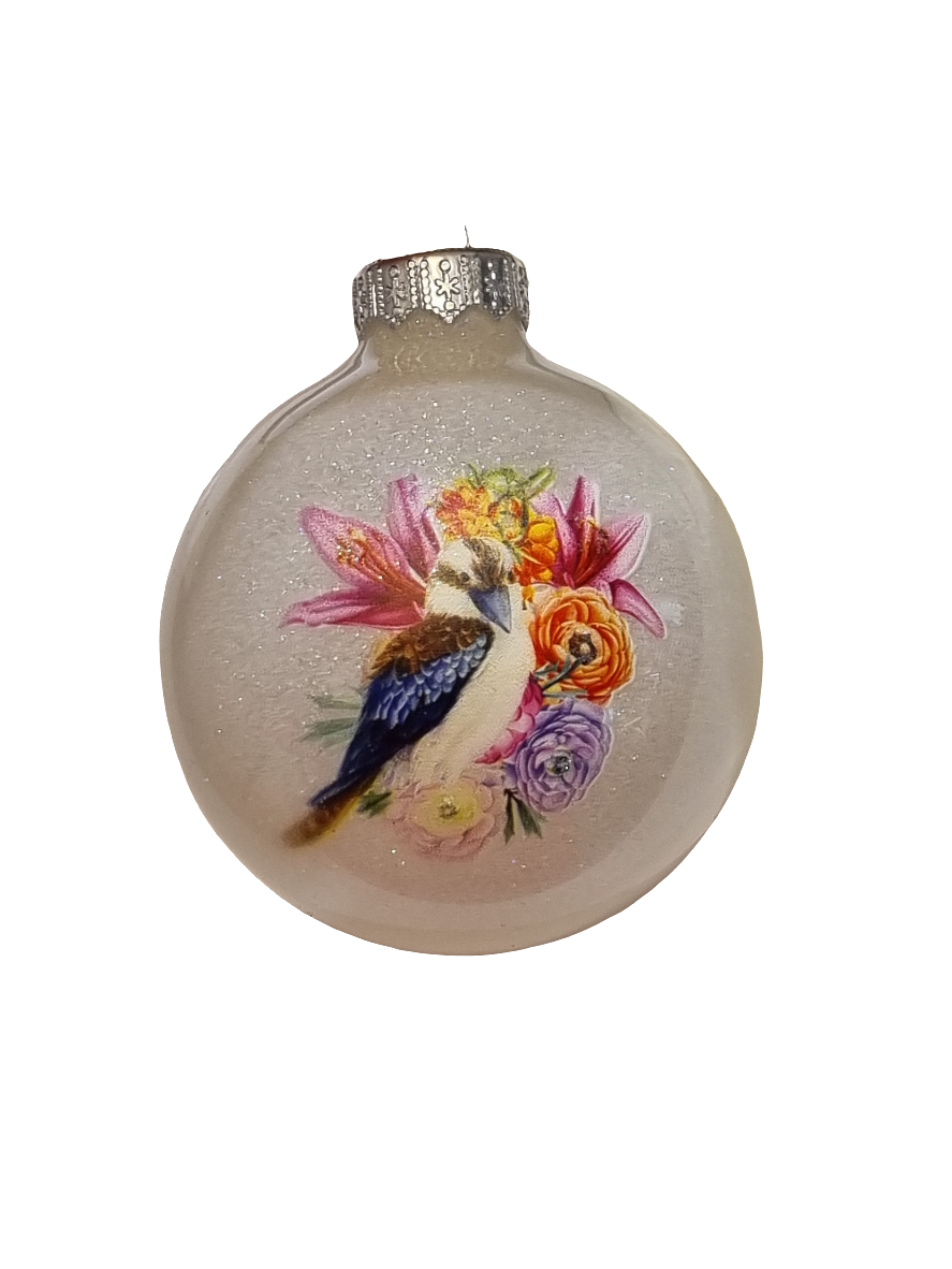 European Glass Christmas ornament of a Bauble | Silver Glitter with Kookaburra (K)