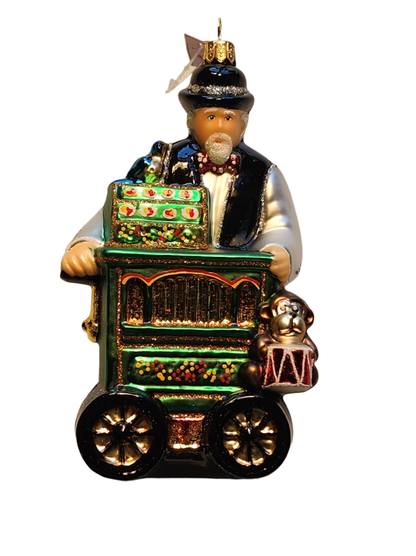 European Glass Christmas ornament of a Organ Grinder Man with Music Cart (Y)