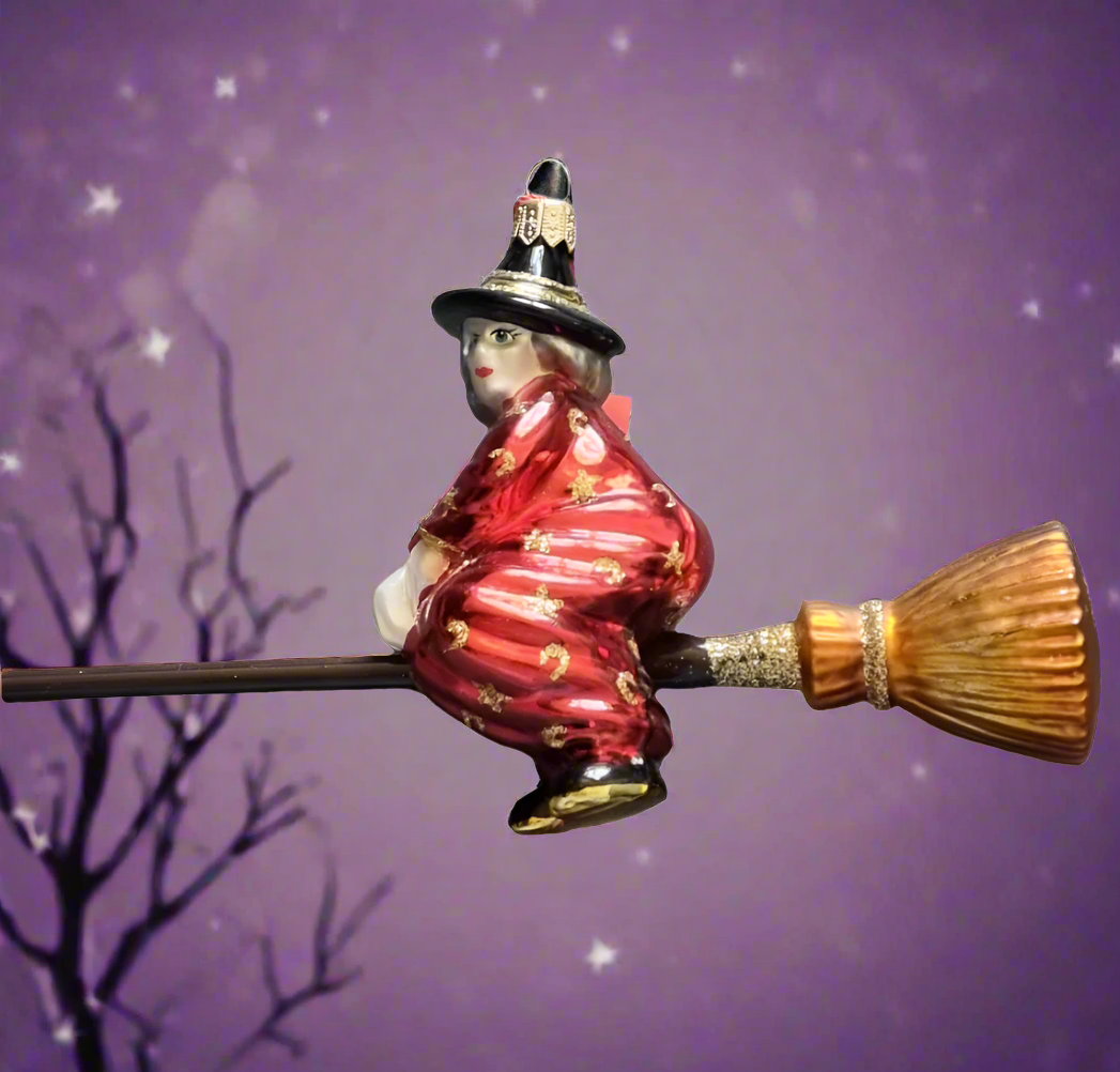 European Glass Christmas ornament of a Witches on Broomsticks (U)