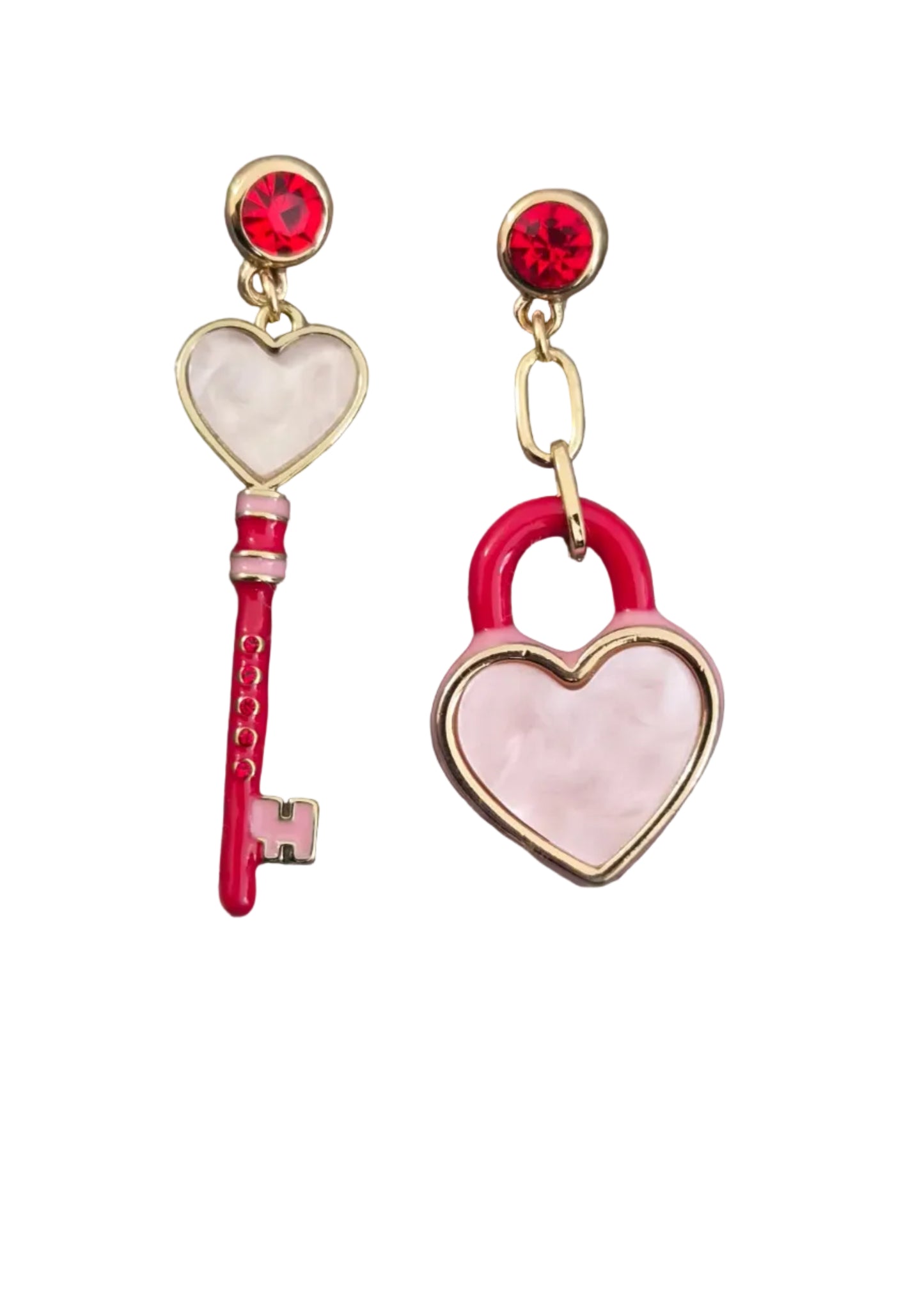 A pair of dangling heart-shaped earrings. One earring features a red key charm with a white heart and gold accents, and the other features a red padlock with a pink heart and gold accents.