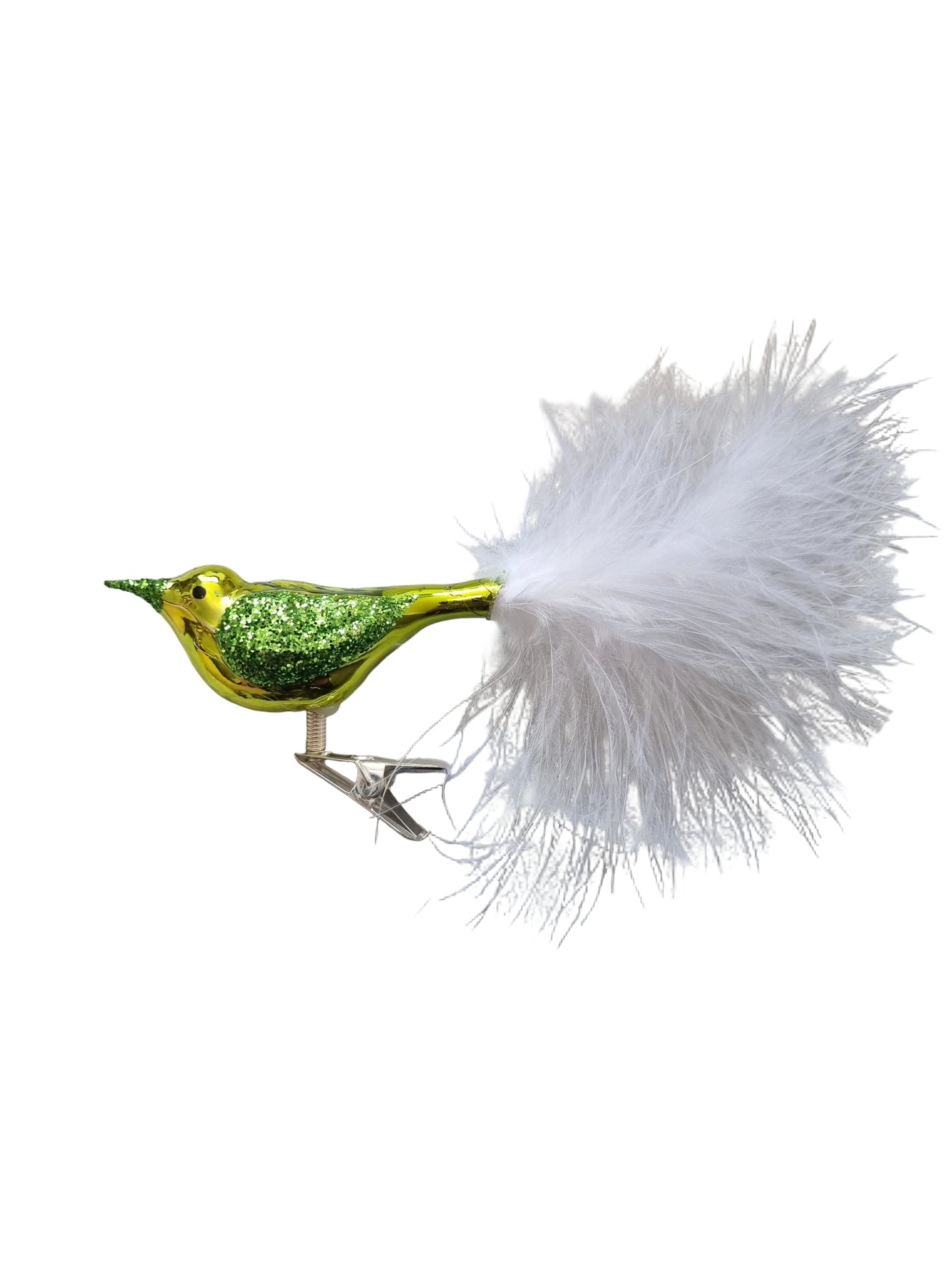 Colorful bird-shaped glass Christmas ornament on a clip