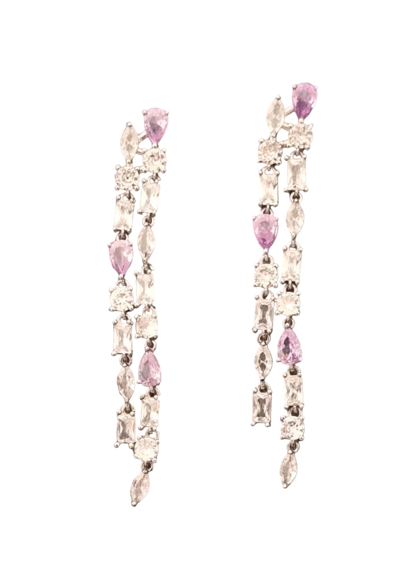 A pair of long drop earrings with clear rectangular and teardrop-cut stones, accented by light purple stones.