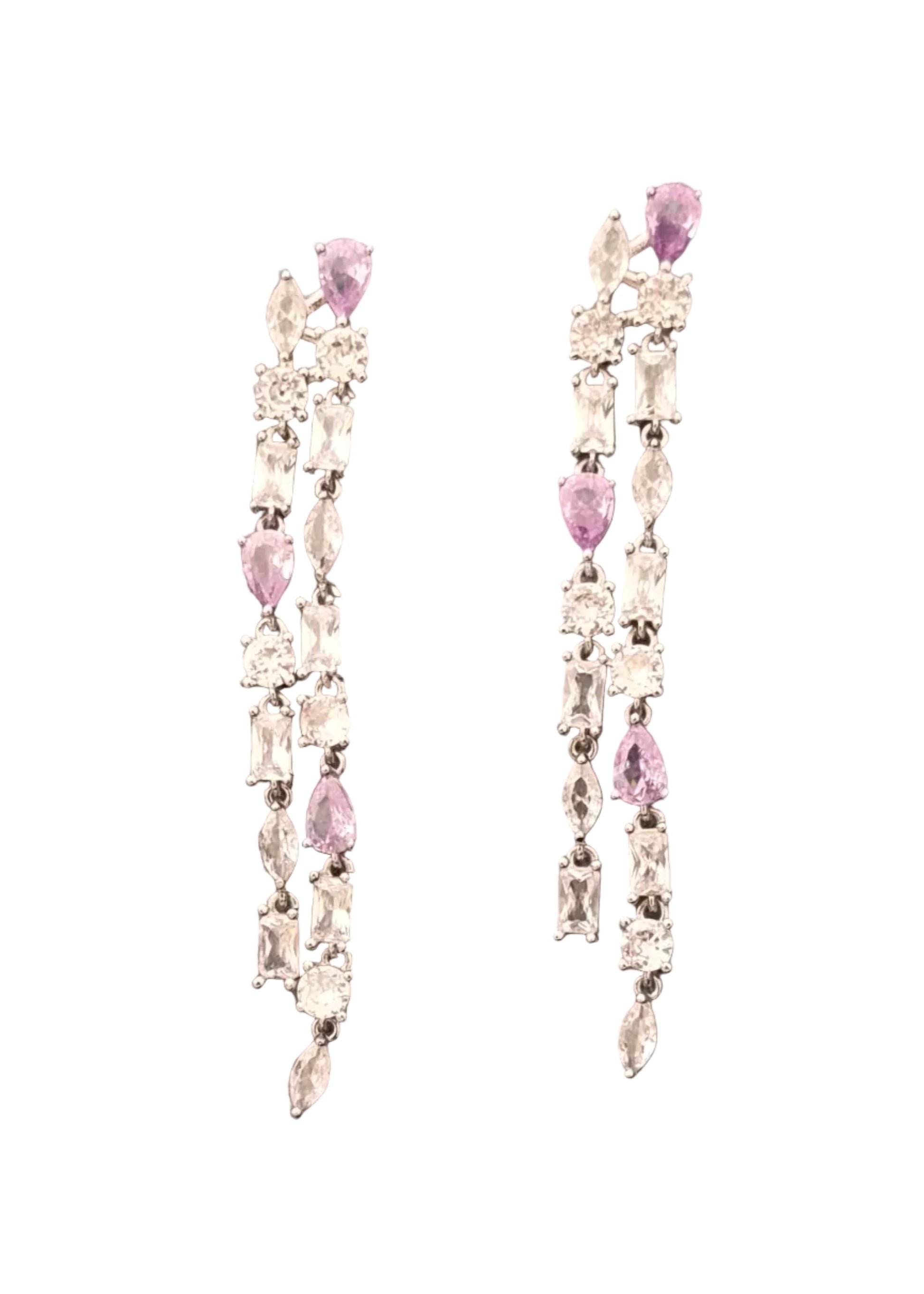 A pair of long drop earrings with clear rectangular and teardrop-cut stones, accented by light purple stones.