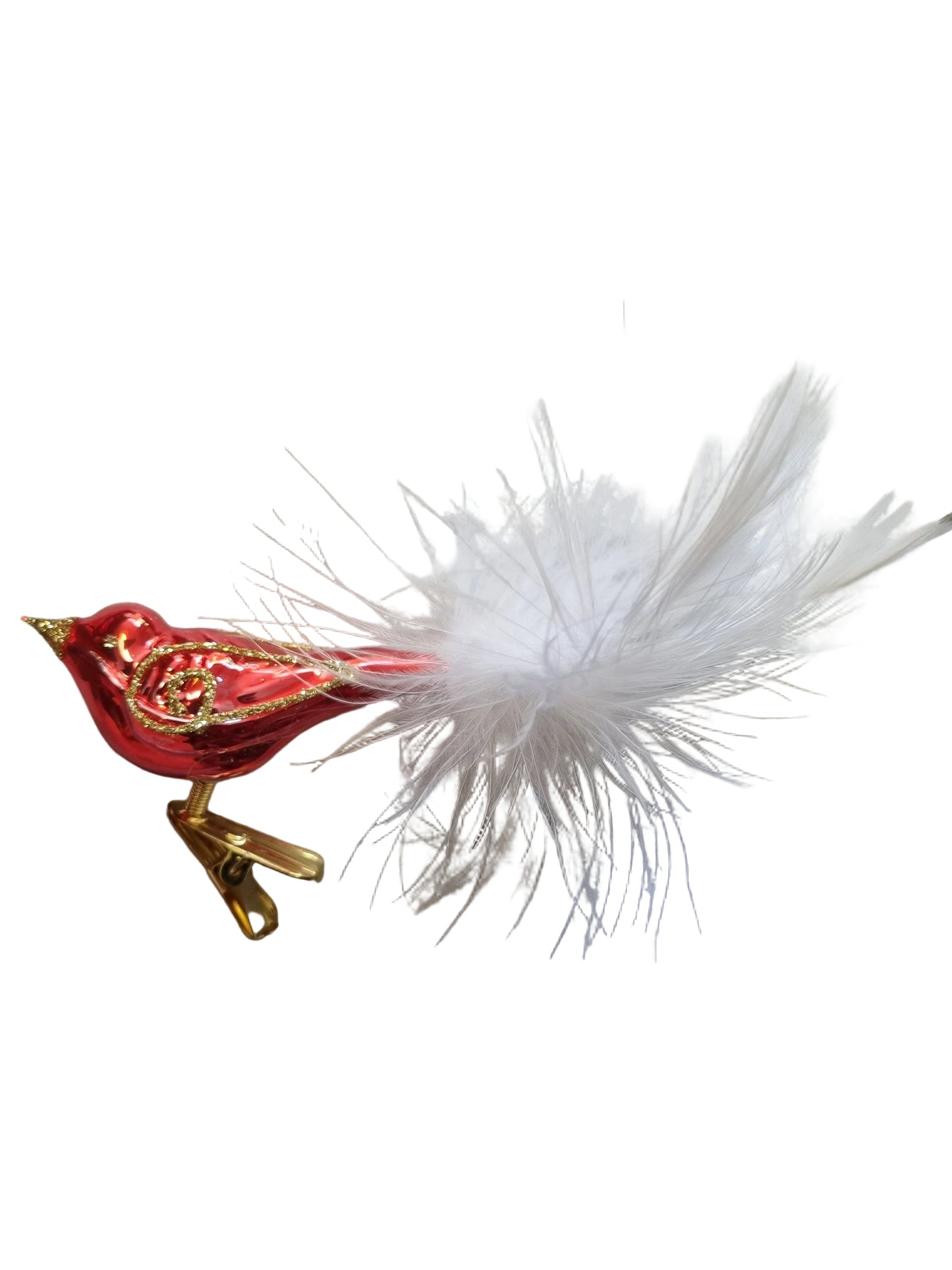 Red bird-shaped Christmas ornament with feathers 