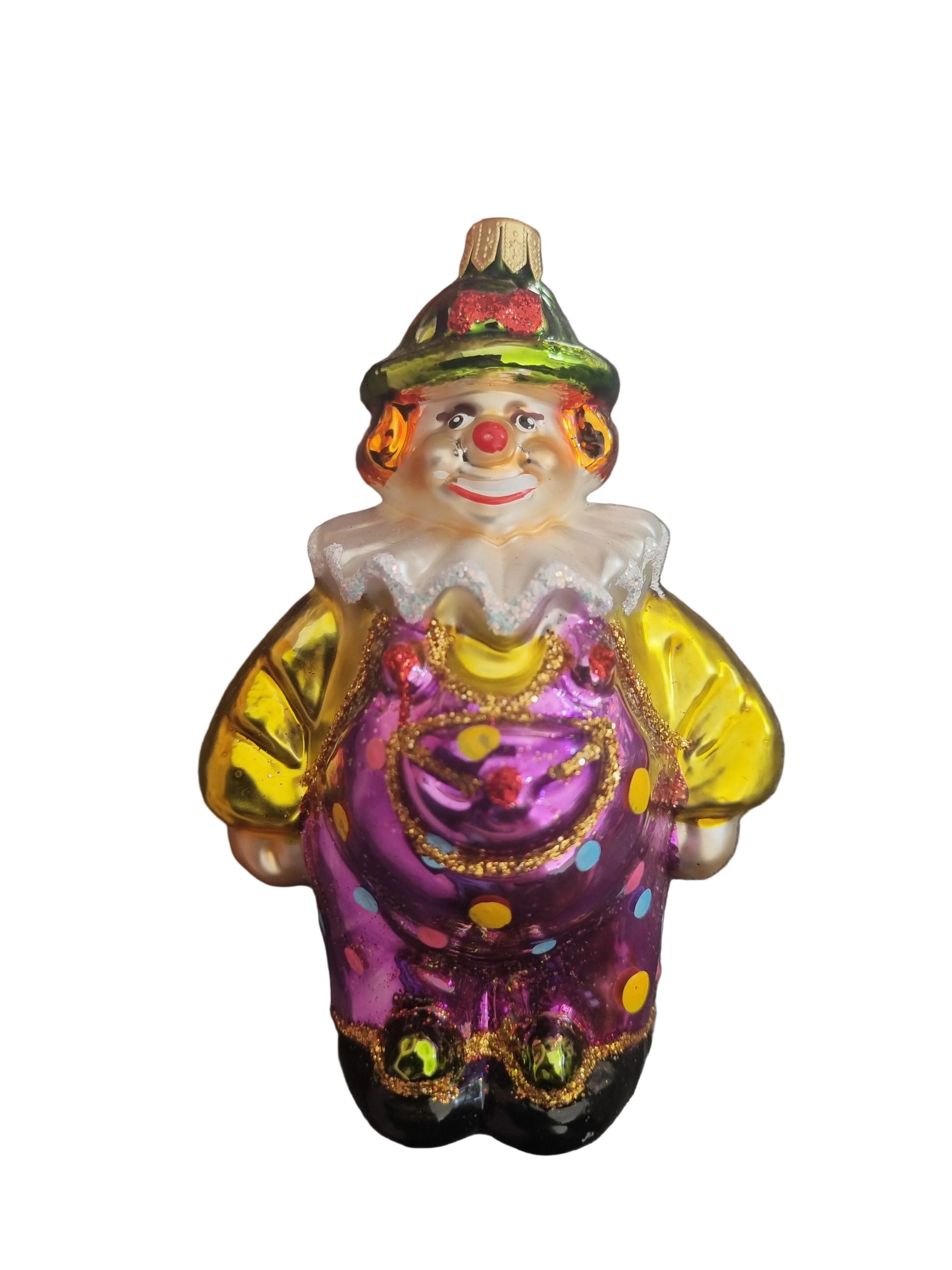 purple, gold and green clown ornament