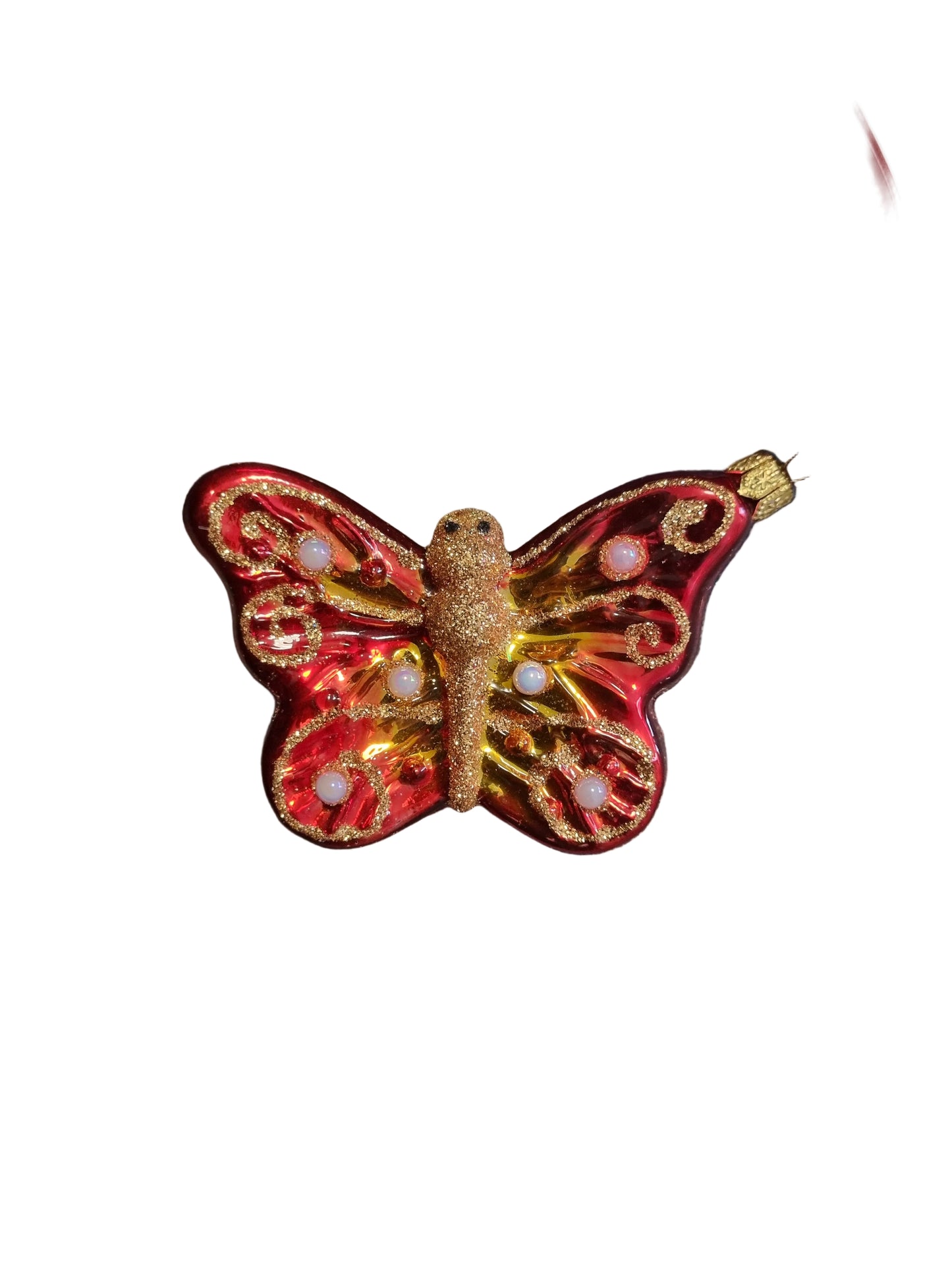 Butterfly-shaped decorative glass Christmas ornament  with gold and red colors 