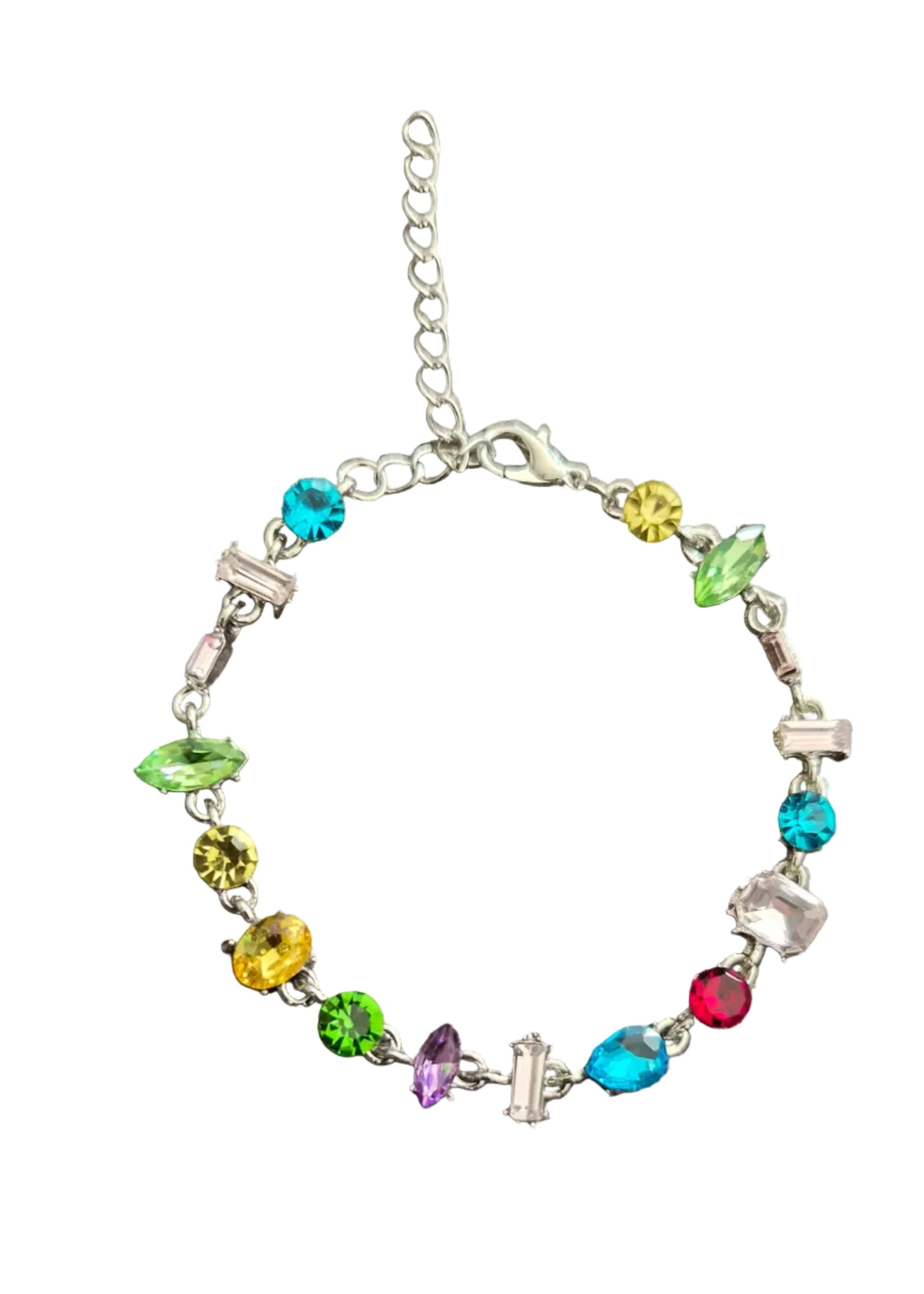 A silver chain bracelet with colorful faceted gemstone charms in multiple colors.
